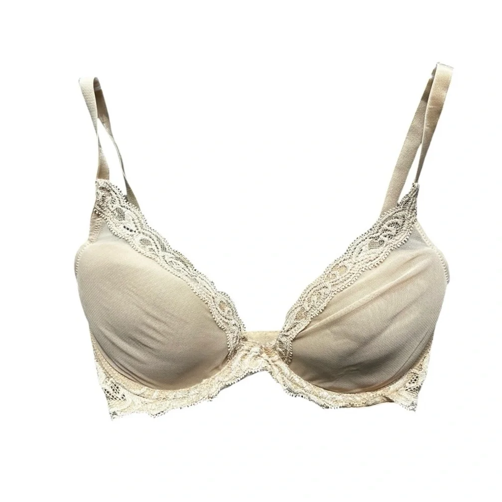 🌻EUC Natori Feathers Contour Plunge Bra Underwire Lace Womens Size 32D